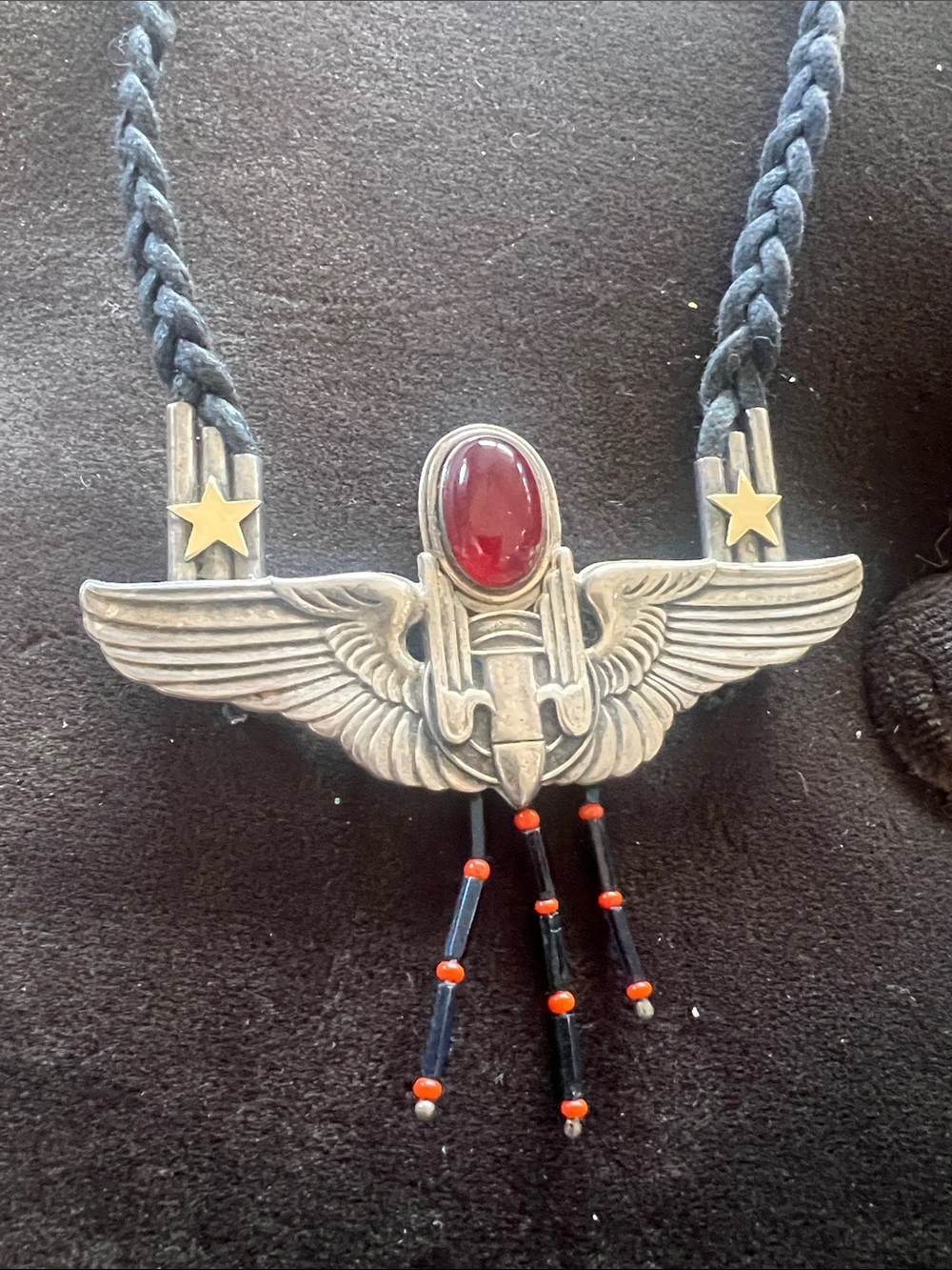 Vintage Winged Pendant Necklace with Braided Black Cord and Red Stone